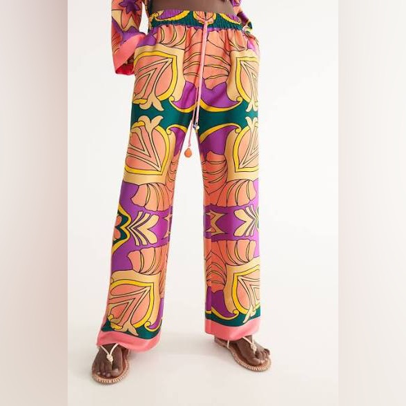 Zara Multicolor Wide Leg Printed Pants - Pink, Purple, Yellow, Green